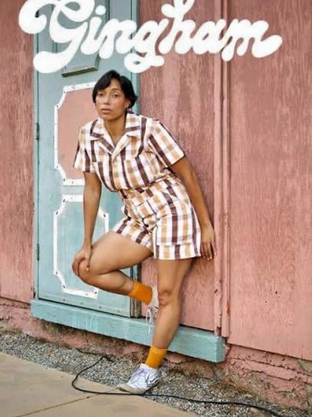 Big Bud Press Gingham Plaid High Waist Shorts in Brown & Cream 2XL